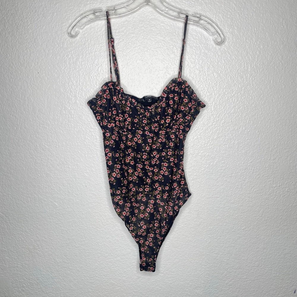 Lulus Black Floral Mesh Bodice Underwire Ruffle Bodysuit Pink Red Flowers Medium